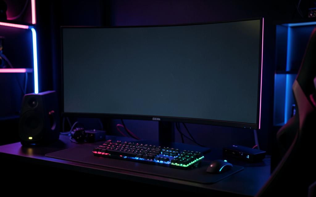 Neon ışıklı oyun masası ve geniş monitör